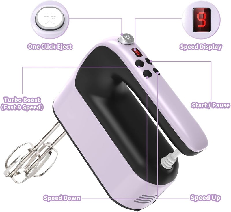 Yomelo 9-Speed Digital Hand Mixer Electric, 400W Powerful DC Motor, Hand Mixer Electric Handheld with Snap-On Storage Case, 5 Stainless Steel Accessories, Beaters, Dough Hooks, Whisk(Purple/Black) - Image 2